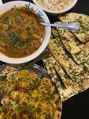 Coconut Curry, Garlic Naan, Lamb Biryani