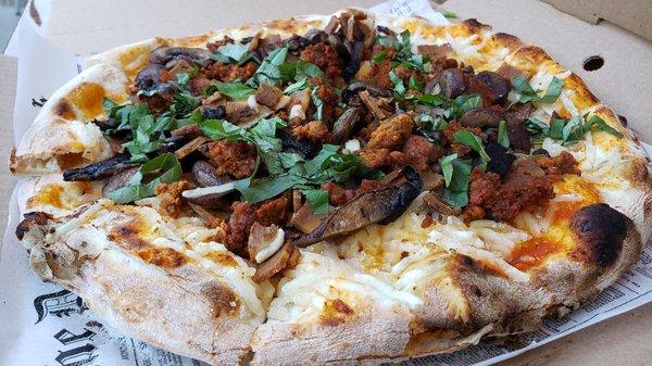 Vegan pepperoni and sausage pizza ($16). Nice crust & vegan meats. Not enough sauce. Cheese was decent (Plantings brand).