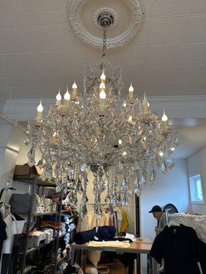 Inside the store is a beautiful chandelier.