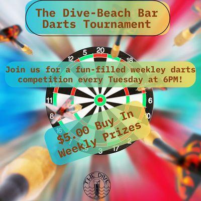 Join us for The Dive's Weekly Bullshooter Darts Tournament! 
Starting today 7/30/24 and every Tuesday at 6 PM, come show off your skills!