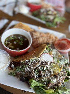 3 Birria tacos w/ beans and rice!