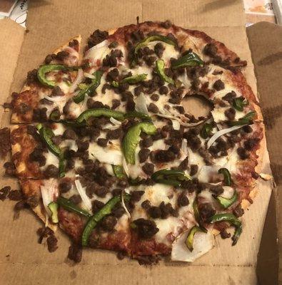 Small Crispy Thin Crust with Double Ground Beef, Peppers and Onions