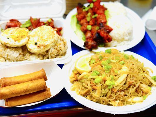 Pancit (noodles) with lumpia , BBQ (kabob) skewers additional one of the popular dishes tocino with pork, chicken fried rice and eggs.