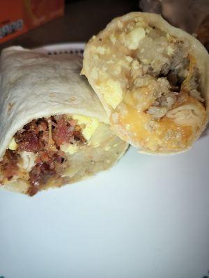 Bacon and sausage breakfast burritos. Yummy!