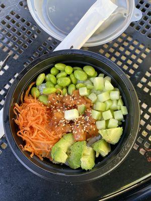 Salmon poke bowl (around $10) - requested no sweet and spicy sauce, no fried onions