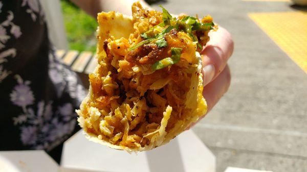 Interior of carnitas taco ($5.50). Tasty. Excellent choice of tofu skins. The chili rojo and asada tacos were my favorites, though.