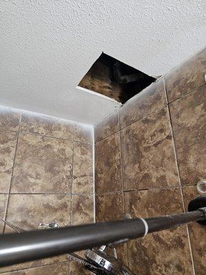 Hallway bathroom ceiling left like this after hunting for the leak. Notice the black mold on zoom in.