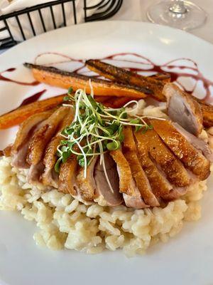 Duck Breast with Malibu Carrots, Risotto, and Red Wine Gastrique