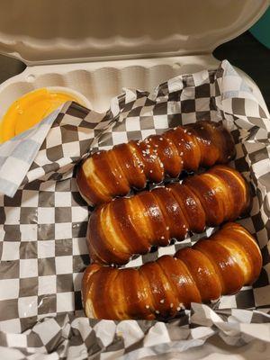 Pretzel sticks and beer cheese. They look like little larva or caterpillars. So yummy!!