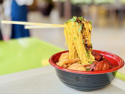 Garlic butter anti-gravity noodles with shrimp, Portuguese sausage and chili oil