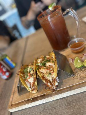 Tacos gobernador and Michelada