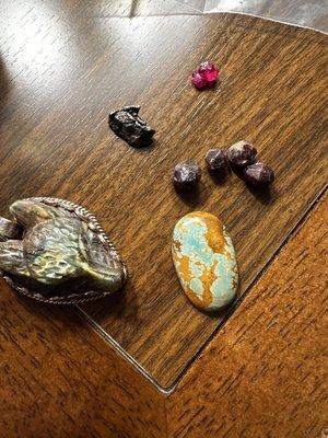 Carved labradorite wolf, beautiful turquoise cabochon, 4 garnets, a ruby, and a meteorite