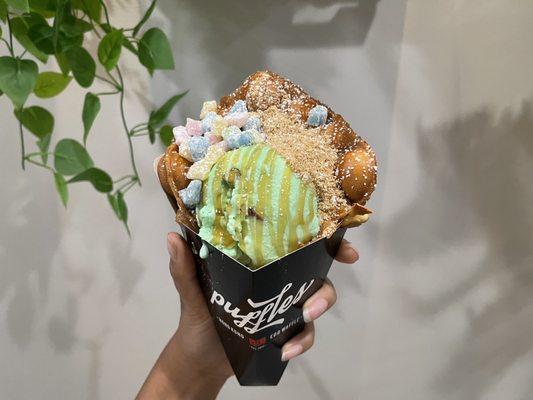 BYO Pistachio Single Scoop with Mochi, Graham Cracker Crumbs and Caramel Drizzle