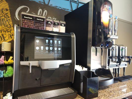 This is the coffee machine- the coffee isn't in pots sitting out. Every cup is fresh. Also has hot chocolate and cappucino.