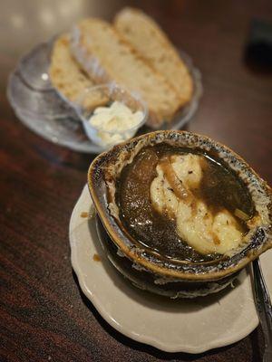 French onion soup, homemade bread and honey butter
