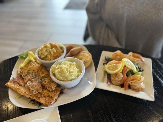 Salmon w/ Potato Salad and Mac and Cheese w/ 6 Grilled Shrimp