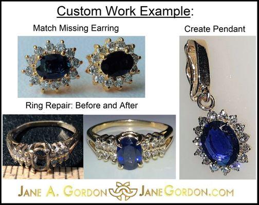 Repair, refresh, copy lost earring, create matching pendant.
Jane@JaneGordon.com
212-688-8600