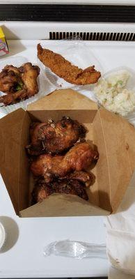 Yummy Roast chicken, big pc of fried Whiting, huge portion of potato salad, and the regular wings