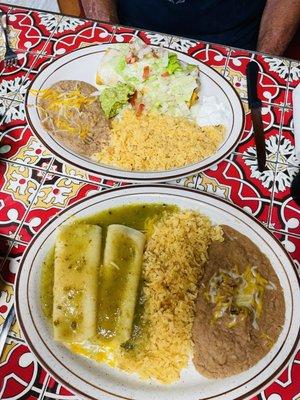 Chimichanga (top) and cheese enchiladas with tomatillo sauce