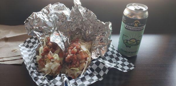 Shrimp Taco (L) & Fish Taco (R) Kettlehouse Montanarita beer (Beer was waaay too limey)