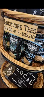 Some clothing items and flavored chicharrones