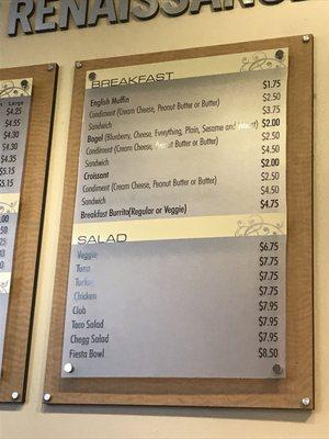Breakfast and salad menu