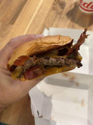 Smoky Bacon Cheddar Stack Steakburger - BEST burger they've ever put out !!!