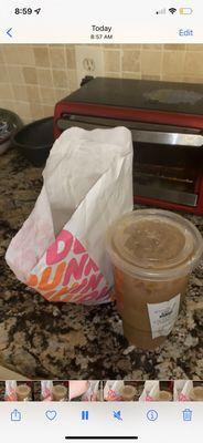 Iced coffee, bacon egg cheese bagel, Muffin