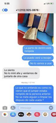 Text between owner and I asking why we got delivered a damaged jumper and why hadn't it been clean during these covid 19 times