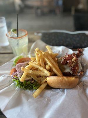 Burger with jalepeno jack and bacon, well done with Parmesan fries.