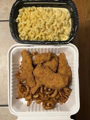 Chicken finger dinner! Sides: Mac & Cheese and Curly Fries!
