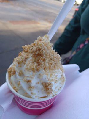 Vanilla soft serve with apple cider crumble, $4.