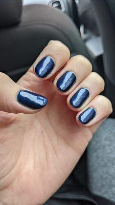 Midnight blue gel mani on a perfect file-down by Christine.