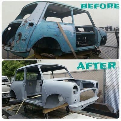 Sandblast and primer for vintage Mini Cooper frame off restoration project.