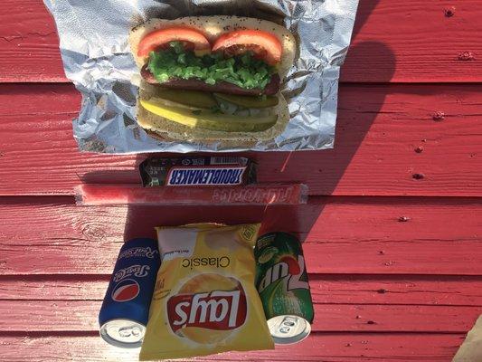 Chicago Style Hot Dog choice of pop,chips, Freeze Pop and frozen Snickers.