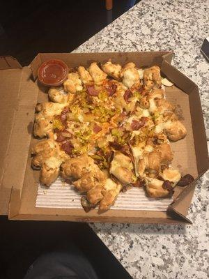 Let's just say this how I received my pizza after waiting 45-55 minutes. Don't order here.