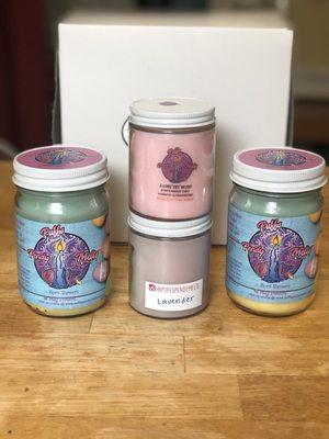 Massage Candles and "May Flowers" candle with pendants inside them