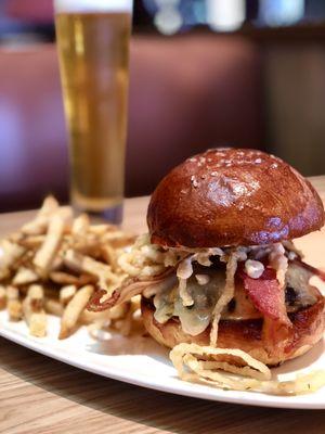 Made with local Pasture Raised Beef, hobbs bacon, aged Cheddar , Crispy onion strings, special sauce and buns from The Bakeshop