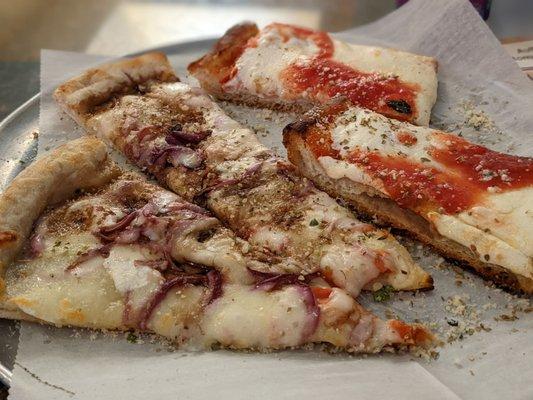 Slice with onions, tomatoes and balsamic vinaigrette. Sooo good Marinara slice, good and crunchy crisp crust