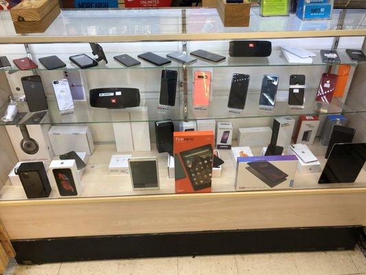 Cellphones, tablets, speakers, electronics devices, and accessories.