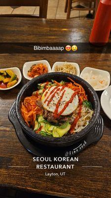 Bibimbap + banchan (oi-muchim, kimchi, kongnamul muchim, musaengchae)