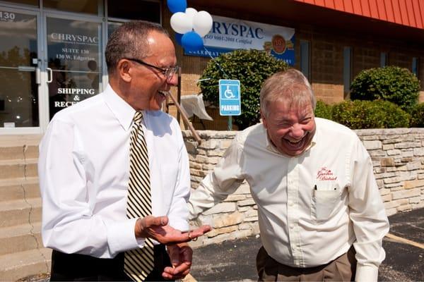 City Councilman Terry Witkowski presents "Keychain To The City" to CEO Bill Beckett and explaining, "Keys are too expensive."