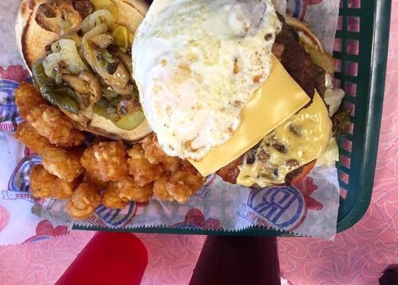 Monster burger. Egg, mushrooms, bacon, onions, and jalapeños.