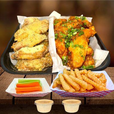 20 bone in Party Pack (Garlic Parmesan ans SweetHeat Thai), fries and veggies