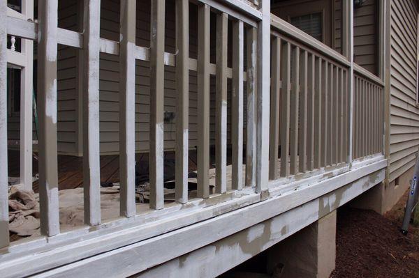 During: Deck Refinishing. Primed and Painted Trim with Sherwin-Williams Super Paint and Behr Semi-Transparent Stain.