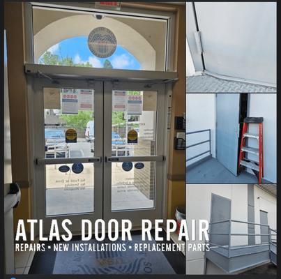 A promotional image for Atlas Door Repair featuring a collage of four door-related photos...