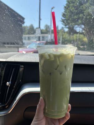 Iced matcha latte with French vanilla sweetener