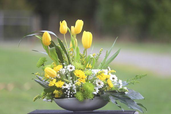 Sunny yellow tulips, daisies and mums to help bring a little brightness and whimsey to your day!