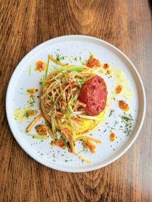 Iberico y Latxa - Spanish cured Chorizo and Idiazabal Omelet with crispy potatoes and roast tomato