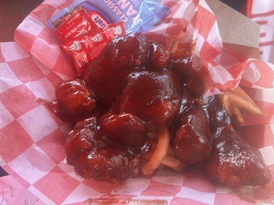 Honey BBQ Boneless Wings and Fries